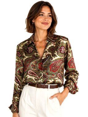 Talbots Petites Paisley Silk Long Sleeve Blouse